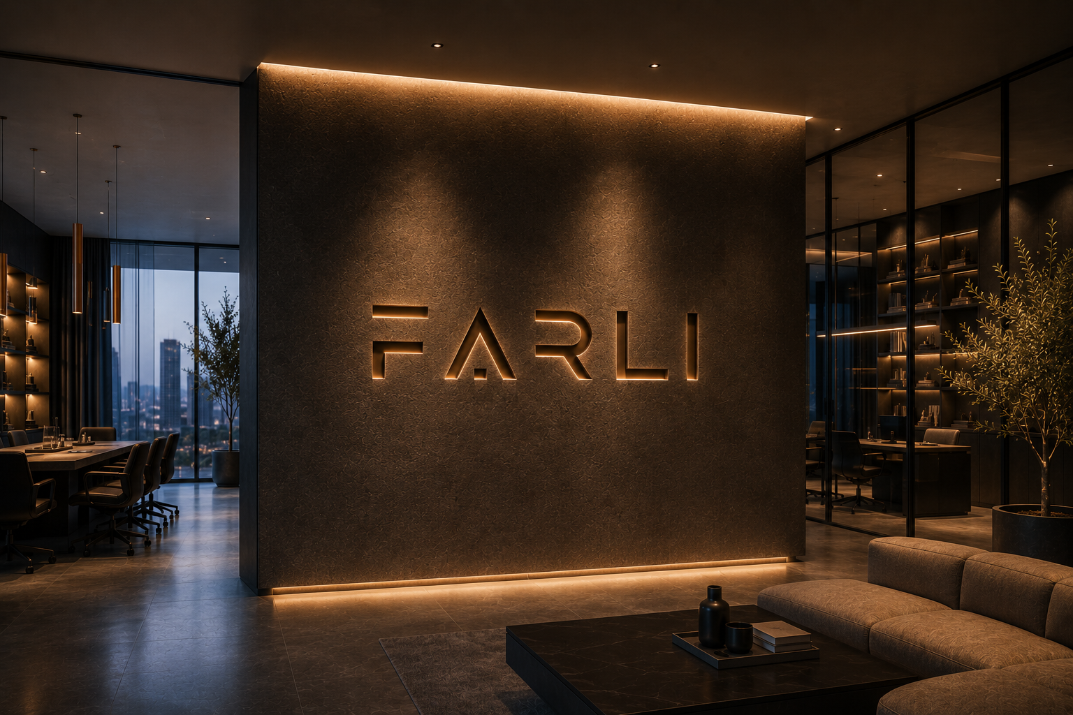 Интерьер проекта FARLI: архитектурное пространство с тёплым светом и благородными материалами
